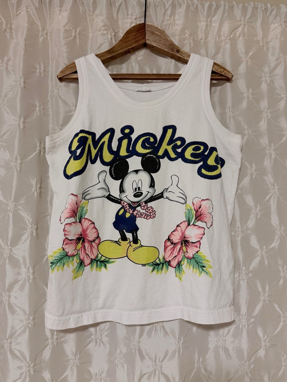 Vintage 90s Disney Mickey Mouse Hawaii Tropical Tank Top White Floral